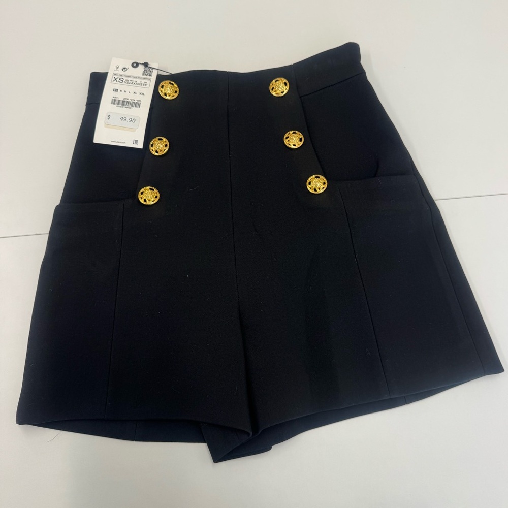 Zara Black High-Waist Shorts with Gold Buttons | NWT